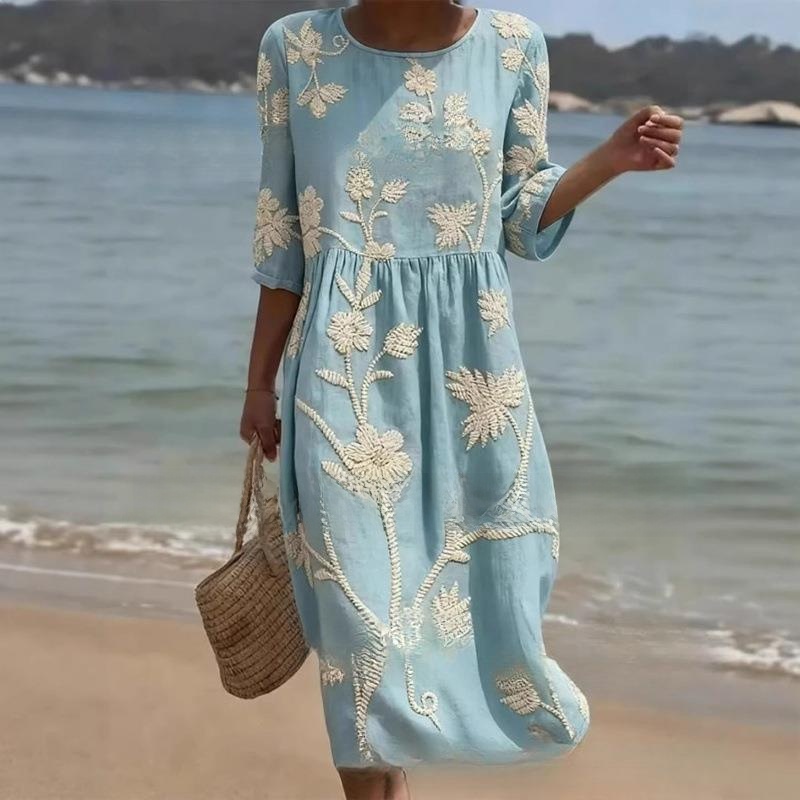 Midi Skirt Floral - Long Printed round Neck Dress Floral