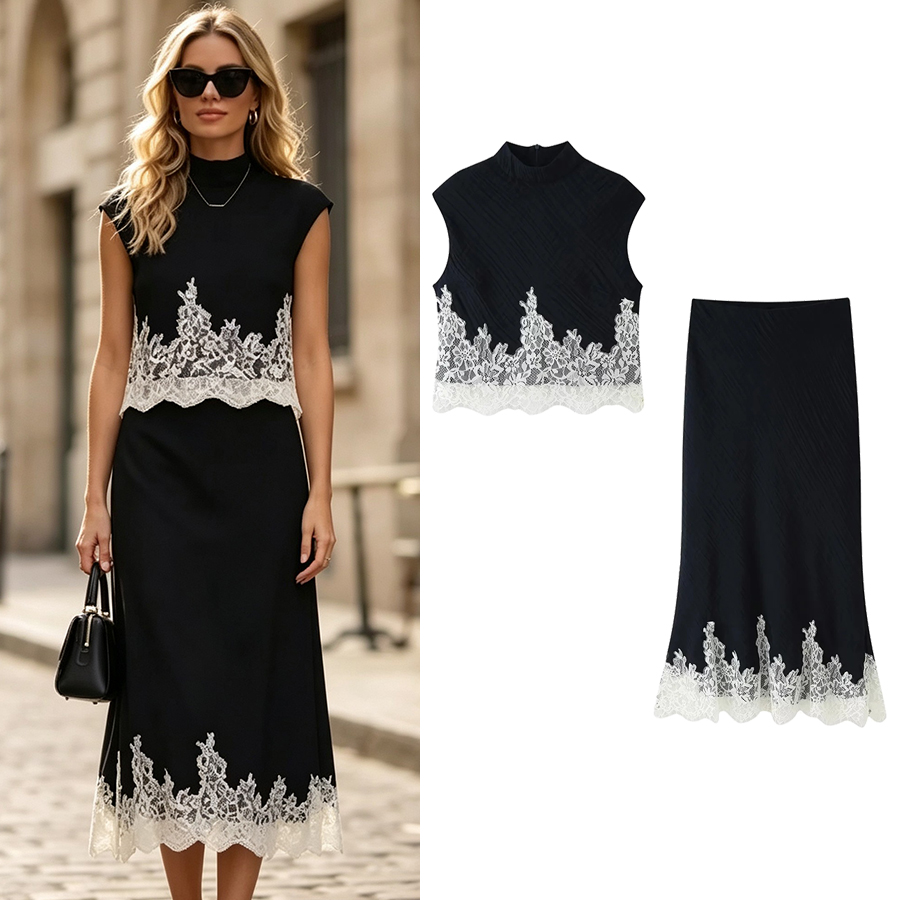 Midi Skirt Floral - Women White Lace Patchwork Elegant 2